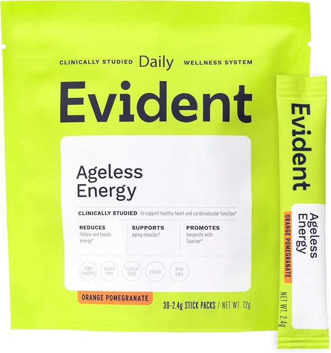 Ageless Energy Powder – CoQ10 Supplement w/Taurine Vitamins B6 &amp B12 &amp ATP – Helps Improve Energy &amp Heart Function Reduce Muscle Fatigue – 30 Stick Packs Orange Pomegranate