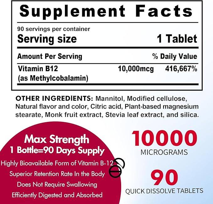 B12 Vitamins 10000 mcg Methylated Vitamin B12 Sublingual - Energy Boost Focus Metabolism &amp Brain Health Support Immune System Support Fast Dissolve Natural Strawberry Flavor 270 Servings
