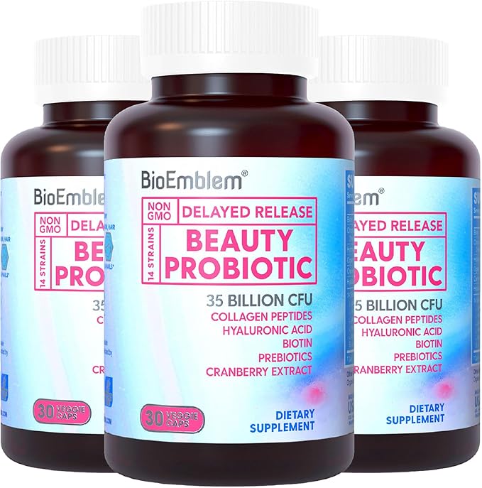 BioEmblem Beauty Probiotics for Women 35 Billion CFU 14 Strains with Biotin Collagen Prebiotics for Digestive Health Hair Skin and Nails Vaginal Probiotics Supplement Shelf Stable 90 Caps