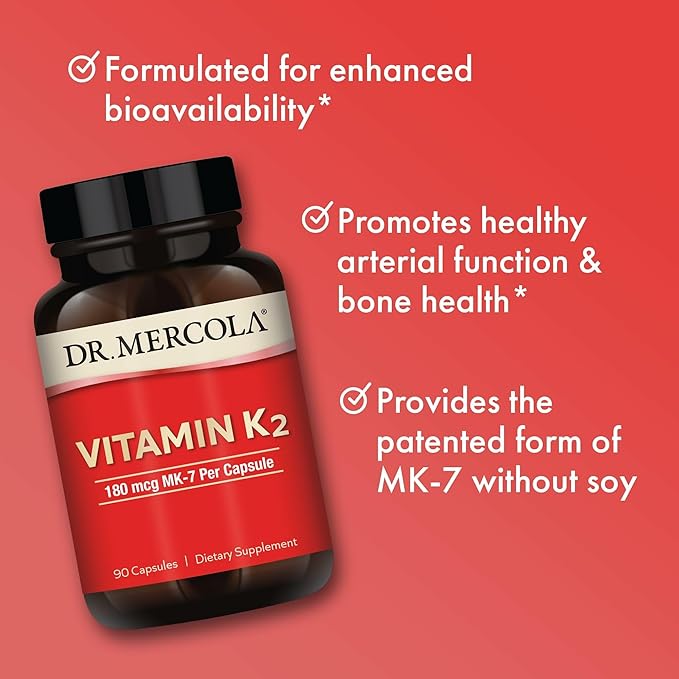 Dr. Mercola Vitamin K2-180 mcg Vitamin K2 as MK-7 - Supports Healthy Arterial Function &amp Heart Health - Non-GMO Gluten-Free &amp Dairy-Free - 90 Capsules (90 Servings)