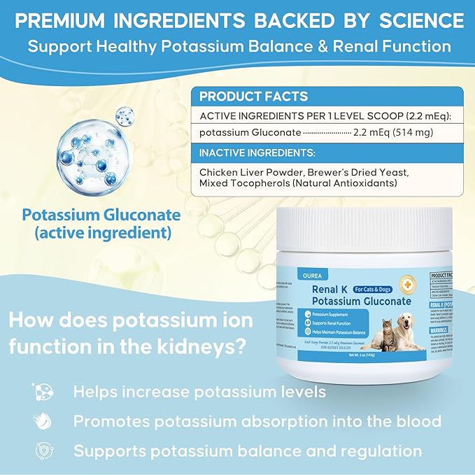 Renal K Potassium Gluconate for Dogs and Cats – 2.2 mEq per Scoop – Supports Kidney Function Restores Potassium Levels – Boosts Energy – Muscle Strength – Vet-Recommended