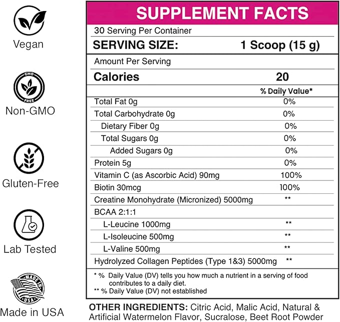 Gaspari Nutrition Proven Creatine for Women 5g of Creatine 5g of Collagen Vitamin C and Collagen Clean Natural Formula Electrolytes for Hydration (30 Servings Watermelon)