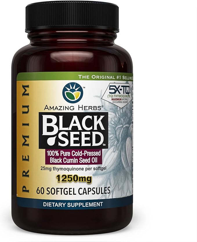 Amazing Herbs Premium Black Seed Oil Capsules - High Potency Cold Pressed Nigella Sativa Aids in Digestive Health Immune Support &amp Brain Function - 60 Count 1250mg