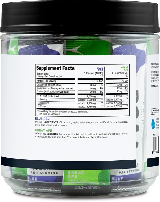 Primal BCAA Variety Pack Blue Raspberry + Great Ape Green Apple Flavored (20 Stickpacks) - 7G BCAA per Serving Branched Chain Amino Acids