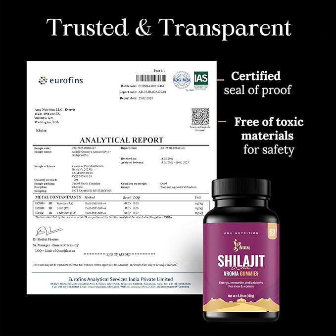 AMU NUTRITION Shilajit Gummies for Men &amp Women with Aronia Berries Fulvic Acid &amp 85+ Trace Minerals I MenWomen I Non-GMO I Lab Tested I 100% Natural I 60 Gummy (60 Count (Pack of 1) Aronia B