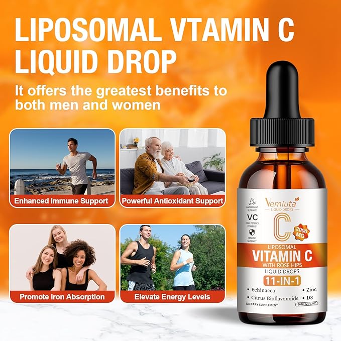 2 Packs Liposomal Vitamin C 2000mg Liquid Drop High Absorption VC Complex Rose Hips with Echinacea Citrus Bioflavonoids Zinc Vitamin D3 for Immune System &amp Antioxidant4 FL Oz