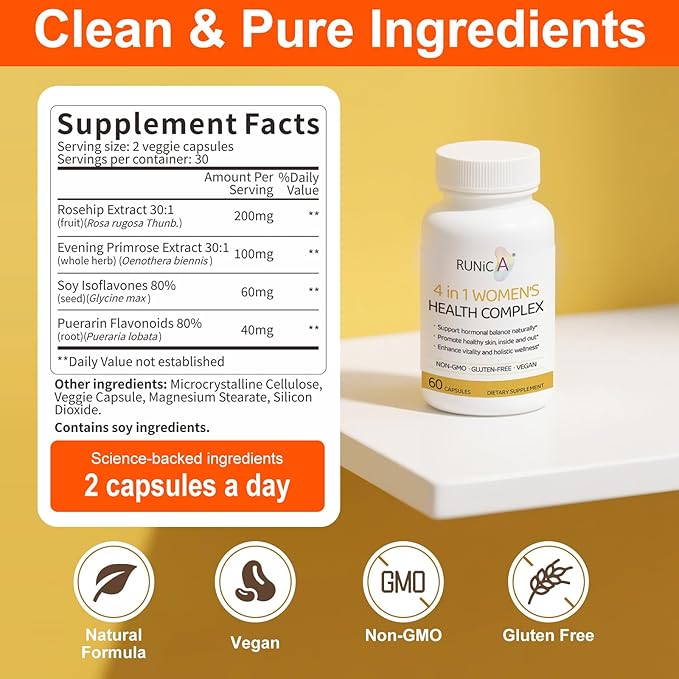 4in1 Women's Hormone &amp Beauty Complex | Menopause Relief Supplement for Hot Flashes Night Sweats &amp Mood | Soy Isoflavones Pueraria Rosehip &amp Evening Primrose - 90-Day Ultimate Supply
