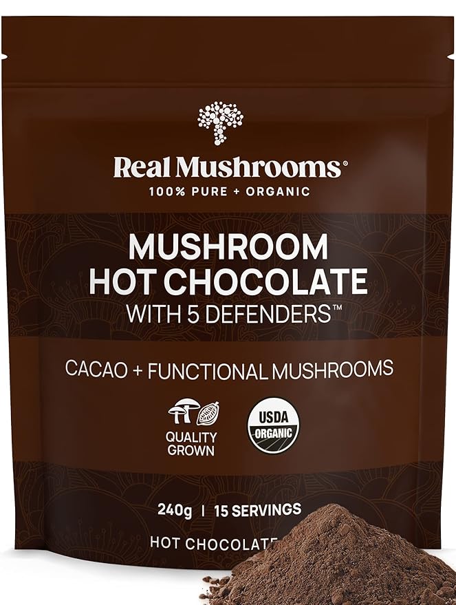Real Mushrooms Organic Hot Chocolate Mix with Reishi Turkey Tail Chaga Shiitake Maitake – Cacao Powder Organic Mushroom– 5 Defenders Mushroom Cacao Powder Vegan Gluten-Free 15 Servings