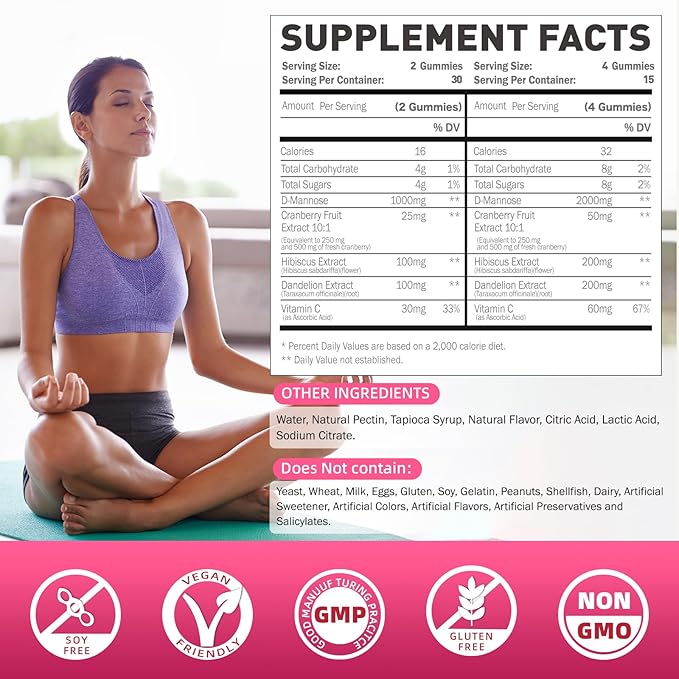 D-Mannose Gummies 2000mg with Cranberry 500mg &amp Hibiscus - D Mannose Chewable Supplements for Women - Liver Bladder Flush &amp Urinary Tract Cleanse Health Supplement - 120 Count