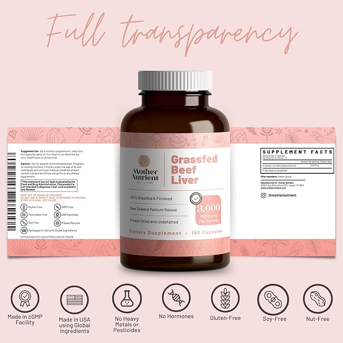 Mother Nutrient Grass Fed Beef Liver Capsules Sourced from Pasture-Raised Beef in New Zealand — Vitamins A and B12 w/Iron Protein and More - 45-Day Supply-180 Capsules