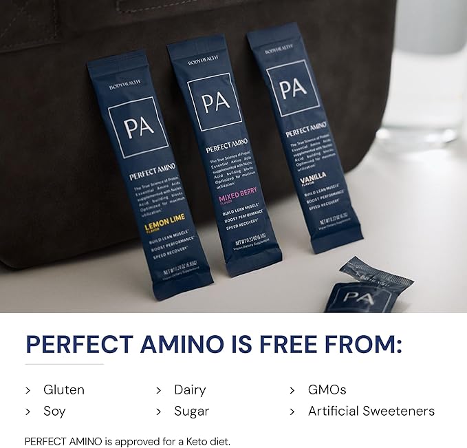 BodyHealth PerfectAmino Powder - BCAA and EAA Powder for Pre and Post Workout - Amino Acid Energy Drink for Men and Women to Support Lean Muscle and Recovery - Chocolate - Stick Packs - 15 Servings