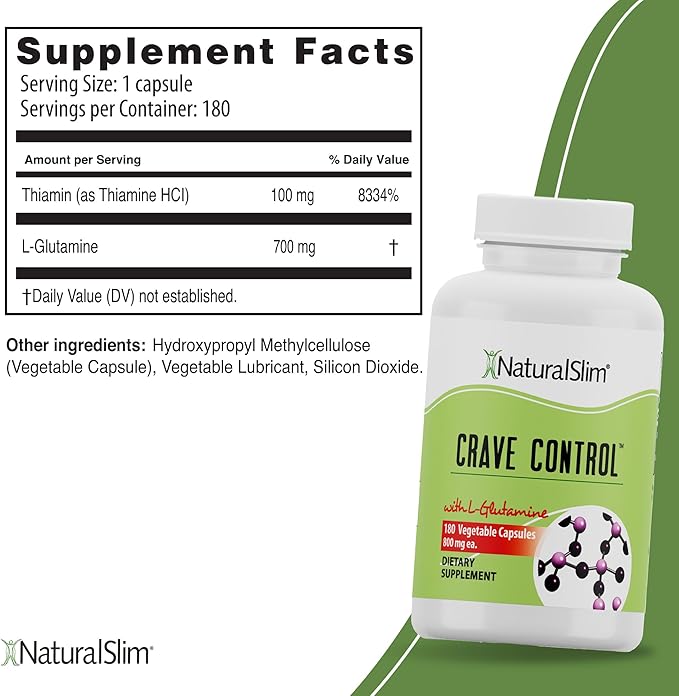 NaturalSlim Natural Appetite Suppressant - Craving Blocker Sugar &amp Refined Carbs Crave Control - Energy &amp Metabolism Booster with L Glutamine &amp Thiamine B1 Supplement - 180 Vegetable Capsu