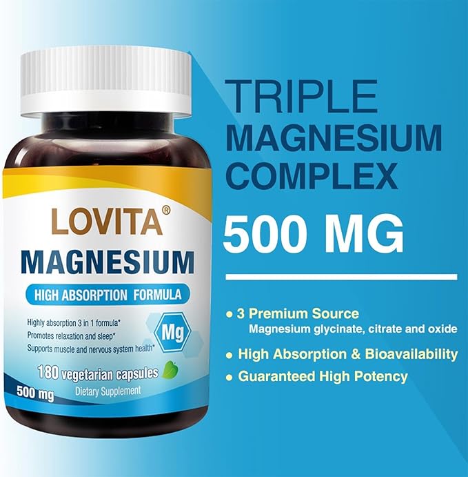 Lovita Triple Magnesium Complex 500mg High Absorption and Potency Formula Glycinate Citrate &amp Oxide Support Sleep Relaxation Heart Nerves &amp Bone Health 180 Vegan Capsules (Pack of 3)