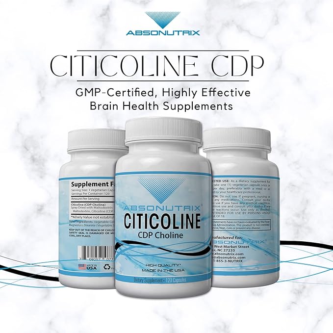 Absonutrix Citicoline CDP Choline 530mg Nootropic Supplement GMP Certified Third-Party Tested Easy to Swallow 120 Veg caps Improves Cognitive Skills Supports Memory Non-GMO Made in USA