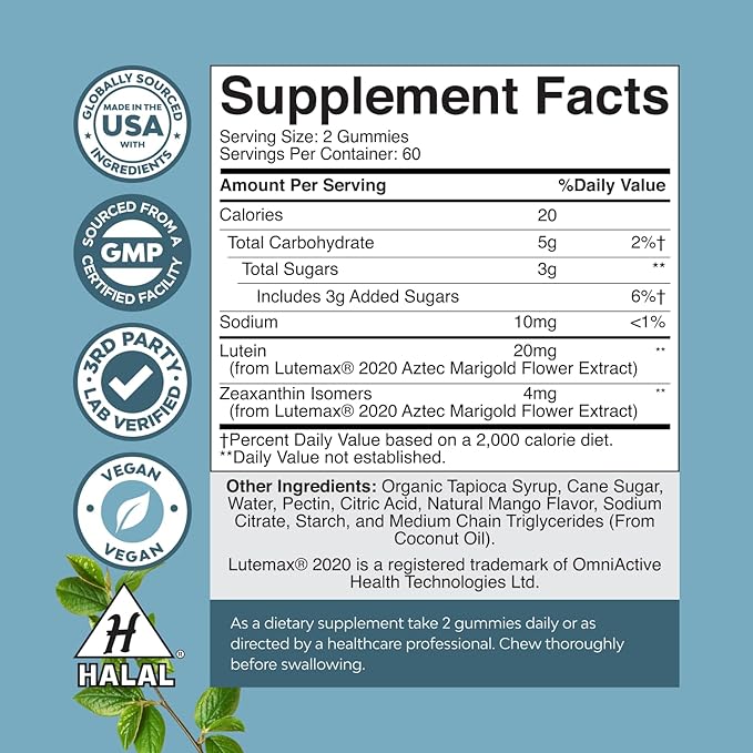Vision Support Gummies for Adults - Lutein and Zeaxanthin Supplements for Eye Health - Potent Lutein Eye Vitamins for Blue Light Protection Dryness Strain Support &amp Visual Sharpness - 120 Count