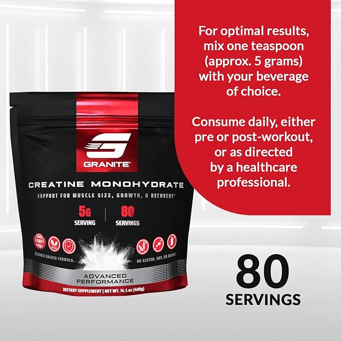 Granite Creatine Monohydrate Supports Strength Endurance &amp Muscle Recovery Creatine for Men &amp Women Soy-Free Dairy-Free Gluten-Free (80 Servings)