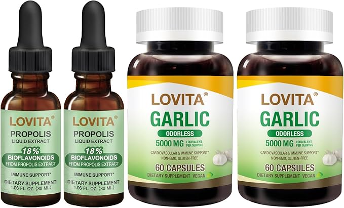 LOVITA Dual Wellness Bundle - 2 Propolis Liquid &amp 2 Odorless Garlic Bottles High Potency Allicin &amp Alcohol-Free Propolis (4 Pc Set)