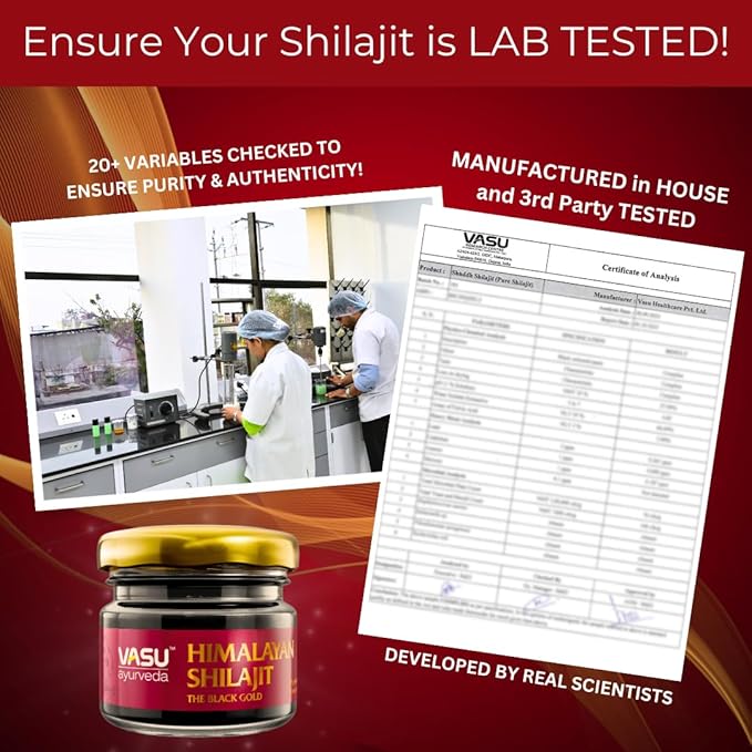 VASU Ayurveda Himalayan Shilajit Resin 400mg – Lab Tested Natural Energy Booster with Fulvic Acid &amp 85+ Trace Minerals – Pure Shilajit for Men &amp Women – 100 Days Supply for Strength &amp Stam