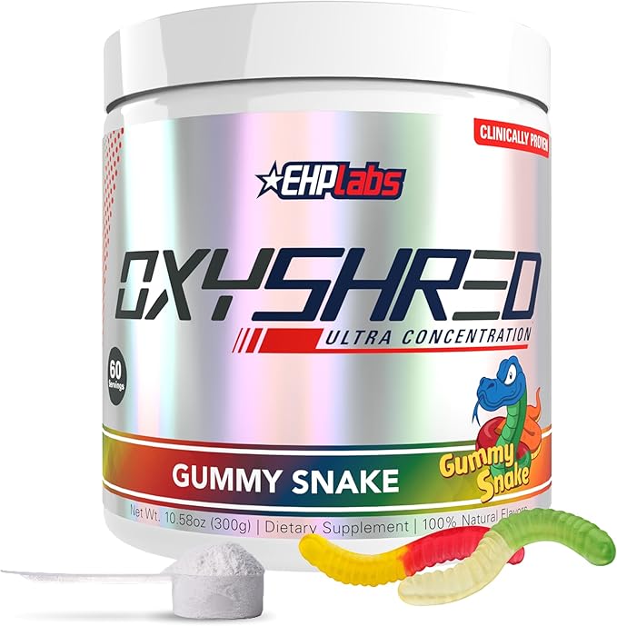 EHP Labs OxyShred Pre Workout Powder - Preworkout Powder with L Glutamine &amp Acetyl L Carnitine Energy Boost Drink - Gummy Snake 60 Servings