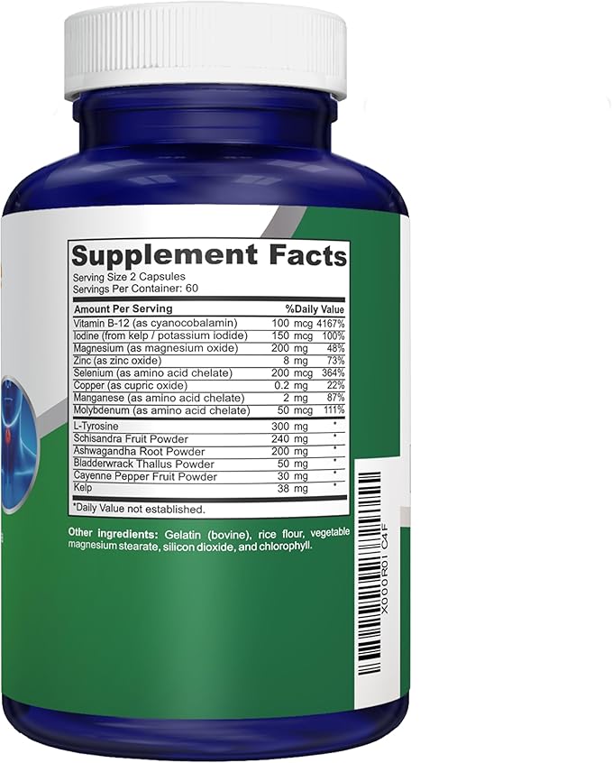 NusaPure Thyroid Support Supplement (Non-GMO) 120 caps Ashwaganda Iodine Zinc kelp Vitamin B12 L-Tyrosine Selenium Copper (Pack of 2)