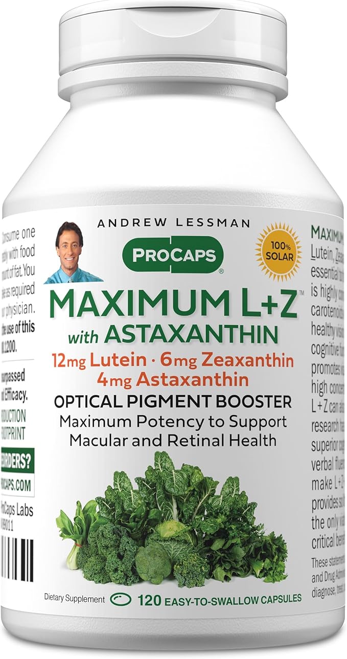 ANDREW LESSMAN Maximum L+Z with Astaxanthin 120 Softgels - 12mg Lutein 6mg Zeaxanthin 4mg Astaxanthin. Key Nutrients to Support Eye and Brain Health and Promote Healthy Vision.