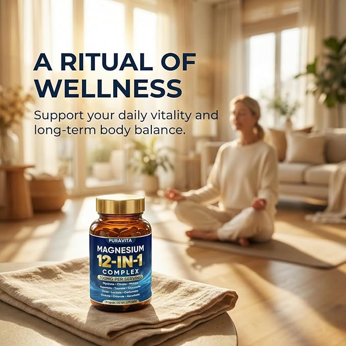 Puravita Magnesium Complex Puravita 12 in 1 Magnesium Supplement 700mg with Glycinate Citrate Malate Oxide Taurate &amp More – High Absorption for Muscle Nerve &amp Sleep Support 120 Capsules