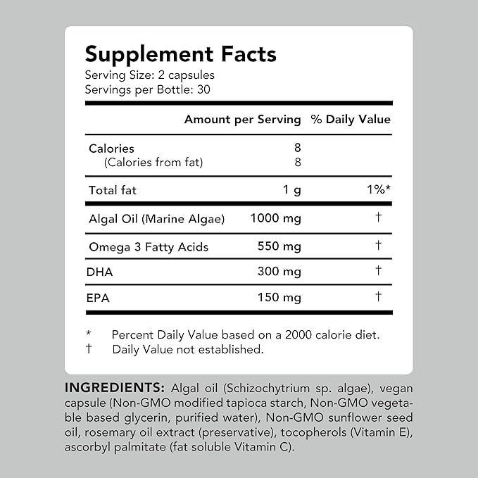 AMANDEAN Vegan Omega 3 Supplement. Premium Fish Oil Alternative. Algae DHA &amp EPA. Carrageenan Free Softgels. Algal Essential Fatty Acids. Plant Based Heart Brain Eye Skin Immune Support. (60ct