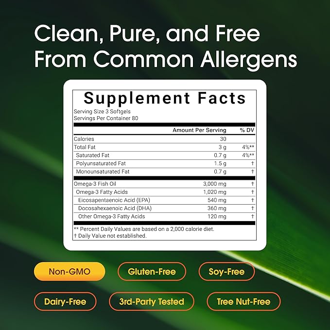 NatureBell Omega-3 Fish Oil 3000mg - 240 Softgels - Support for Joint Brain &amp Heart Health* - with EPA &amp DHA - No Burps or Fishy Aftertaste - Non-GMO &amp Mercury-Free Formula - Lemon Flavo