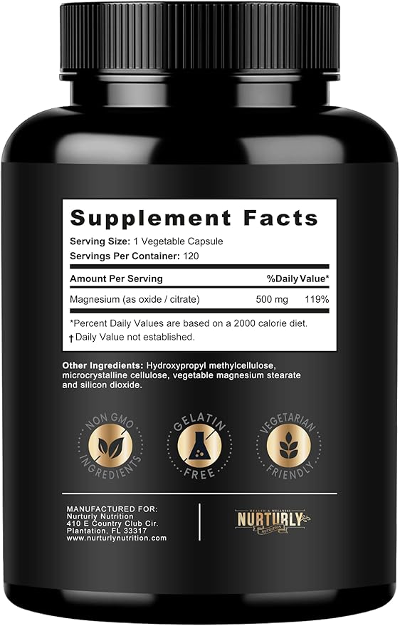 Magnesium Citrate &amp Oxide 500mg Complex Supplement - High Absorption Maximum Strength - Helps Support Bone Density and Strength Muscles Energy and Sleep - 240 Vegan Capsules