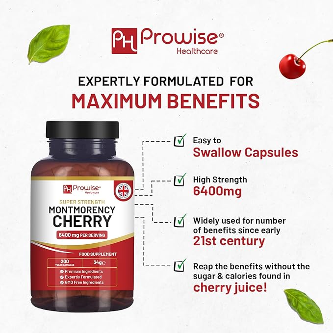 Montmorency Cherry 6400mg - 200 Tart Cherry Capsules - Natural Tart Cherry Extract Supplement for Men &amp Women – Super Strength Gluten Free Vegan and GMO Free - Made in The UK by Prowise