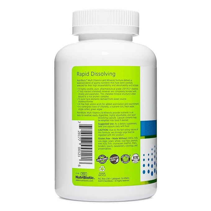 NutriBiotic – Multi Vitamins &amp Minerals 180 Ct Capsules (Formerly Hypoallergenic Multiple) | 72 Pure Trace Elements in a Base of Chlorella | Pharmaceutical-Grade &amp Highly Absorbable | Gluten