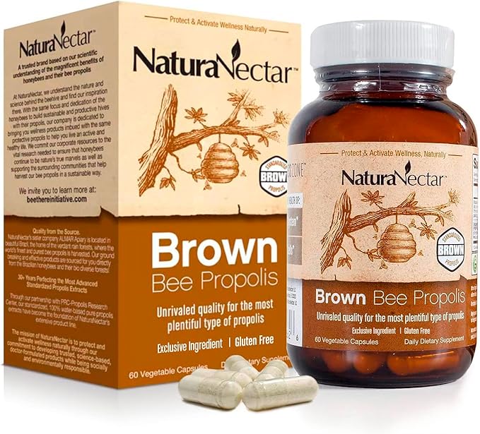 NaturaNectar - Brown Bee Propolis - NSF Contents Certified - Premium Brazilian Propolis - Gluten-Free Supplement with Flavonoids FLAV-B and PWE - Naturally Sourced Through Ethical Beekeeping (60pcs.)