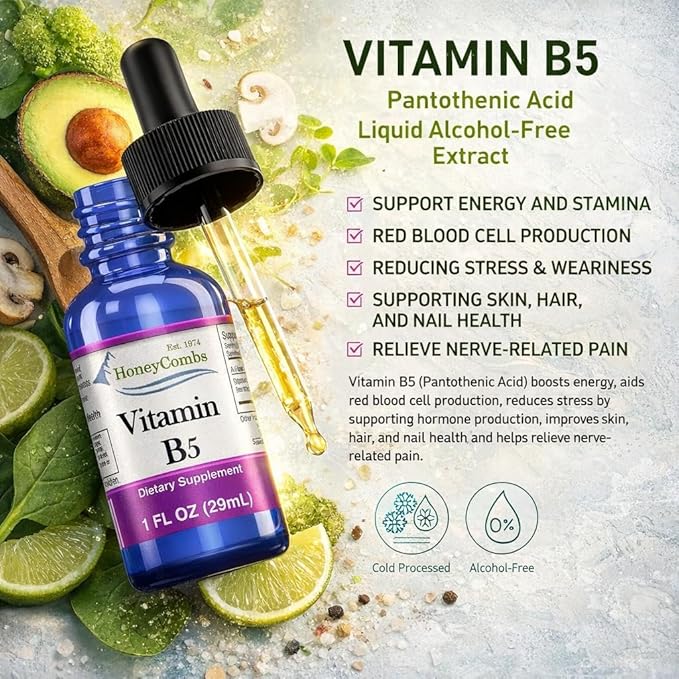 HoneyCombs Vitamin B5 Liquid Drops Pantothenic Acid 500% DV Liquid B5 Supplement Vegan Vitamin B Complex Liquid Fast Absorbing Vitamin Drops Daily Nutritional Support for Adults 1oz