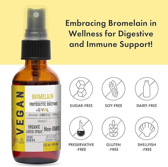 Organic Raw Bromelain Mist-Liquid Pineapple Extract - Enhanced Potency 500mg for Kids &amp Adults - Non-GMO - 60ml 120 Day Supply