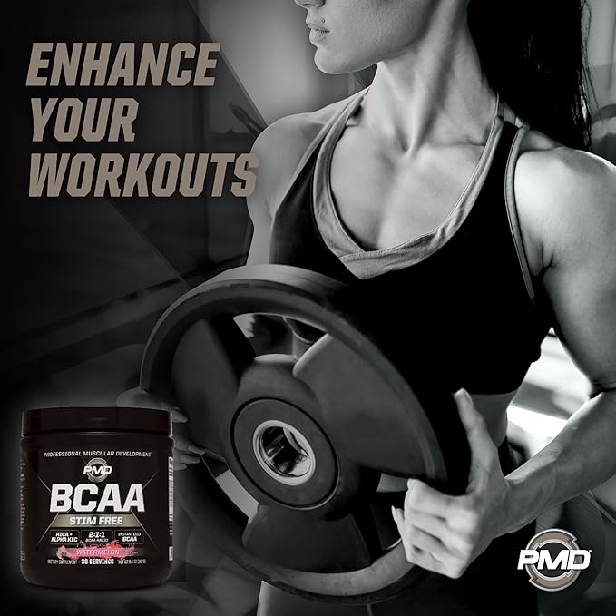 PMD Sports BCAA Stim-Free Amino Acids - Better Workout Performance Enhanced Recovery Daily Energy Muscle Builder and Muscle Sparing - BCAA Powder Drink Mix - Watermelon (30 Servings)