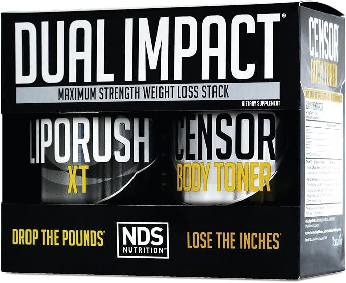 NDS Nutrition Maximum Strength Dual Impact Stack - Powerful 2-in-1 Weight Loss Kit Combines High Energy Fat-Burning XT Thermogenic with Premium CLA Censor Body Toner (60 Caps &amp 90 Softgels)