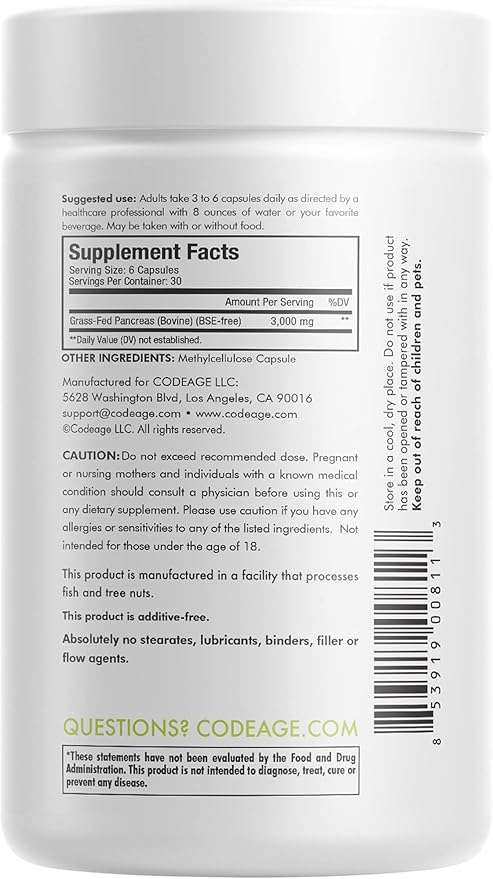Codeage Grass Fed Beef Pancreas Supplement Glandulars - Freeze Dried Non-Defatted Desiccated Beef Pancreas Pills – Pancreatic Enzymes Diet Meat - Pasture Raised Bovine Vitamins - 180 Capsules
