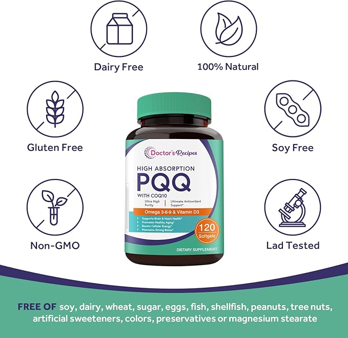 Doctor's Recipes PQQ Supplement 40 mg with CoQ10 Omega 3-6-9 Essential Fatty Acids Highly Purified and Bioavailable Brain Energy Heart Health Pyrroloquinoline Quinone Disodium Salt 120 Softgels