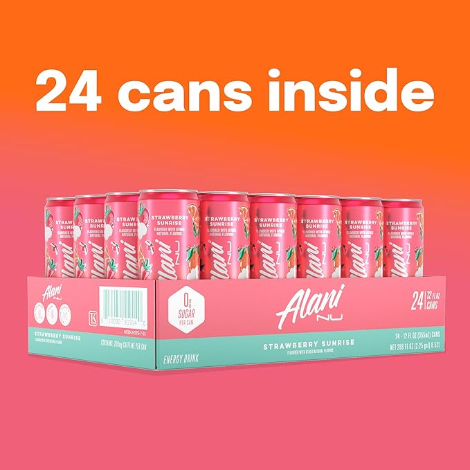 Alani Nu STRAWBERRY SUNRISE Sugar Free Low Calorie Energy Drinks 200mg Caffeine Biotin B Vitamins Zero Sugar 10 Calories 12 Fl Oz Cans 24 Pack