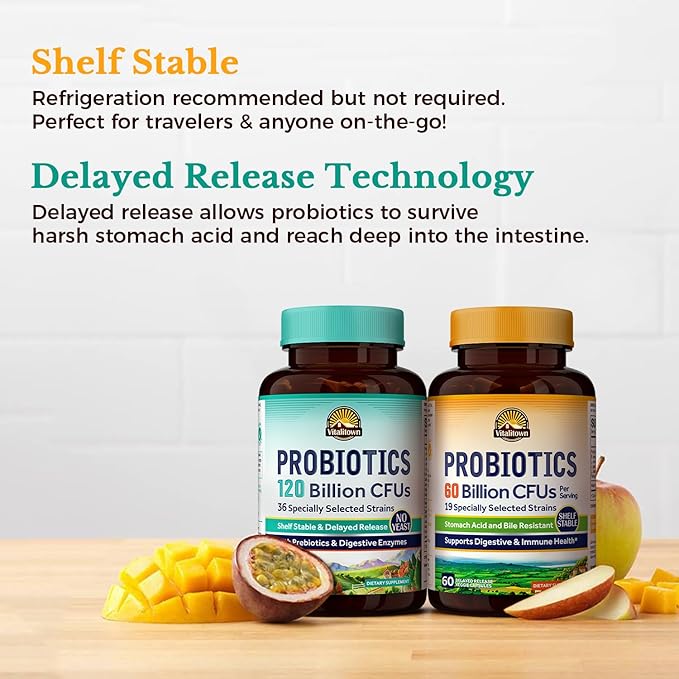 Vitalitown Probiotic Bundle (Pack of 2) | Probiotics 60 Billion CFUs (Item 1) &amp Probiotics 120 Billion CFUs (Item 2) | Shelf Stable | Digestive &amp Immune Health | 30 Day Supply Each