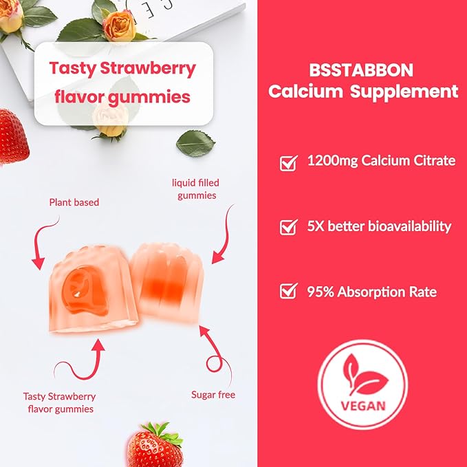 Calcium Citrate Supplement Gummies for Adult: Women &amp Men Sugar Free 1200 mg Calcium Chewable Gummy - Organic Natural High Absorption Vegan Supplements for Energy Immune Support (120Count