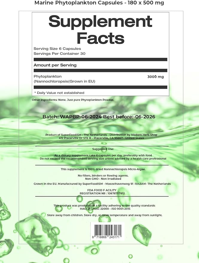 Marine Phytoplankton Supplement Superfood Rich in Omega-3 and Essential Nutrients (250 Tablets)