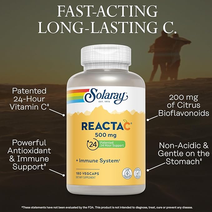 SOLARAY ReactaC Vitamin C 500mg - Patented 24-Hour Immune Support Supplement - Vitamin C with Bioflavonoids and Rutin - Antioxidant and Immune Defense - Vegan 60-Day Guarantee - 180 Servings