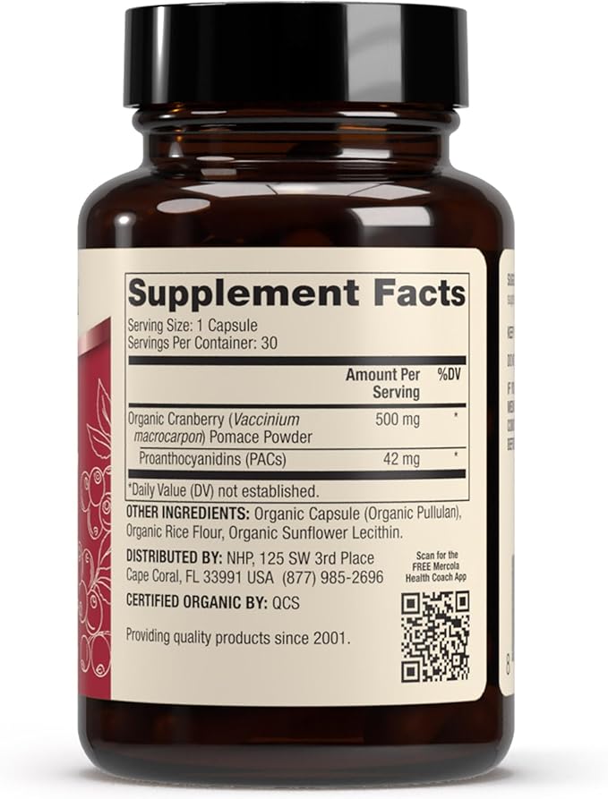 Dr. Mercola Organic Cranberry with PACs - Organic Cranberry Supplement for Urinary Tract Wellness* - Potent Antioxidants for Oxidative Stress Support* - Non-GMO Gluten-Free Soy-Free - 30 Capsules