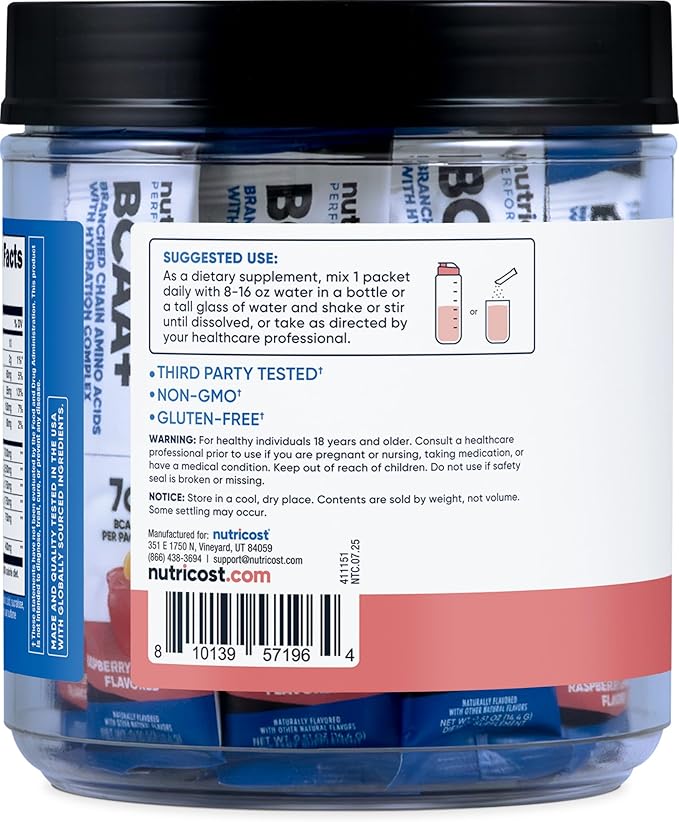 Nutricost BCAA+ Hydration Raspberry Lemonade (20 Stickpacks) - Branched Chain Amino Acids with Hydration Complex - Gluten-Free Non-GMO