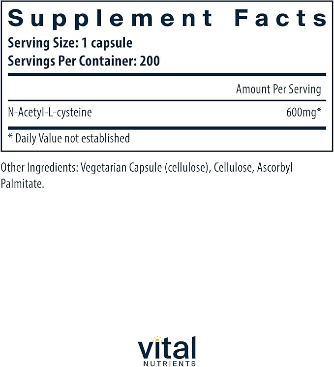 Vital Nutrients NAC 600mg - N-Acetyl Cysteine - Vegan NAC Supplement - Antioxidant for Sinus Liver Immune and Respiratory Health* - Gluten Dairy Soy Free - 200 Capsules
