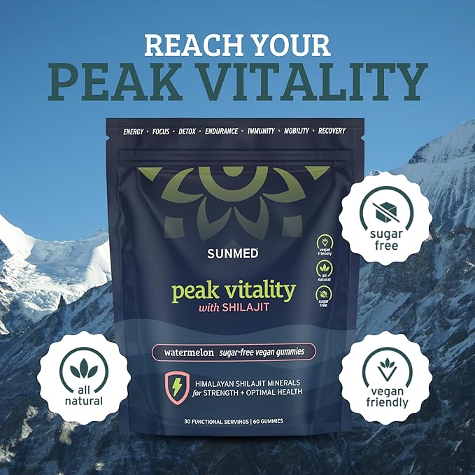 Peak Vitality Himalayan Shilajit Gummies for Strength Energy &amp Optimal Health – Sugar-Free Vegan All-Natural – Cognitive Focus Recovery Immunity – Watermelon Flavor 60ct