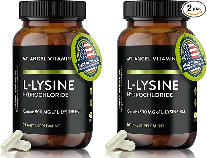 Mt. Angel Vitamins - Premium L-Lysine 500mg Capsules – Vegan-Friendly Essential Amino Acid – Supports Immune System &amp Collagen Formation – Non-GMO – 60 Capsules (Pack of 2)