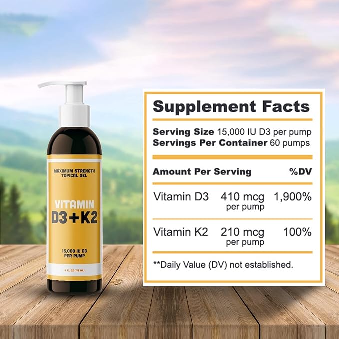Vitamin D3 K2 Maximum Strength Topical Gel - 15000+ IU Per Pump - The Sunshine Vitamin - Supports Bone &amp Joint Health Immune Support - One Month Supply