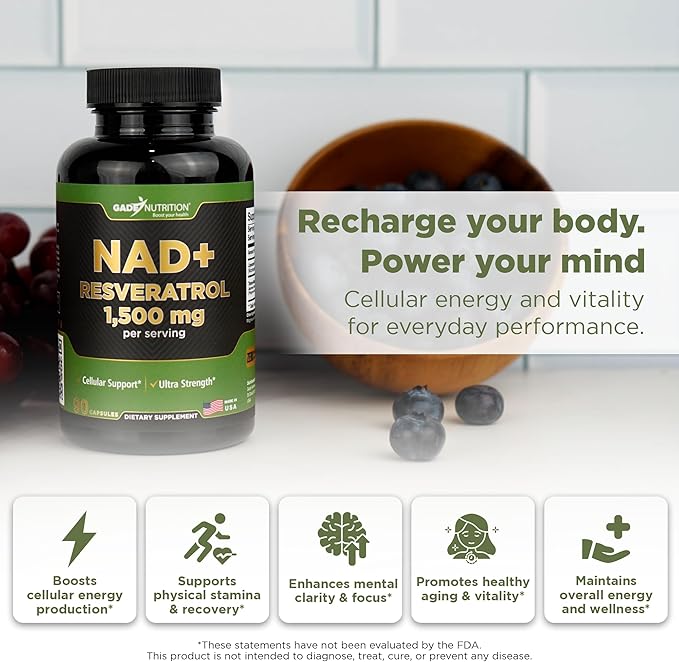 Gade Nutrition NAD Supplement with Resveratrol | Nicotinamide Plus in Capsules Made in USA | Antioxidant Healthy Aging Supplement